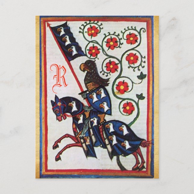 BLUE KNIGHT MEDIEVAL PARCHMENT MONOGRAM POSTCARD (Front)