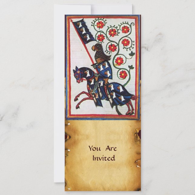 BLUE KNIGHT ON HORSEBACK MEDIEVAL PARCHMENT INVITATION (Front)