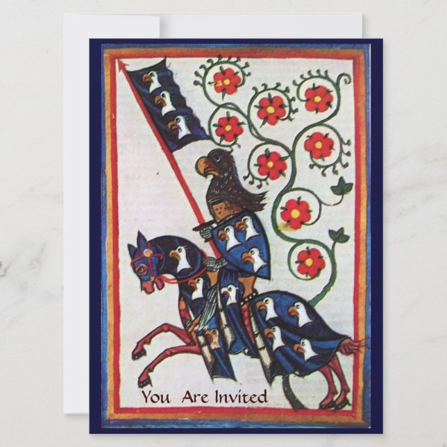 BLUE KNIGHT ON HORSEBACK MEDIEVAL PARCHMENT INVITATION (Front)