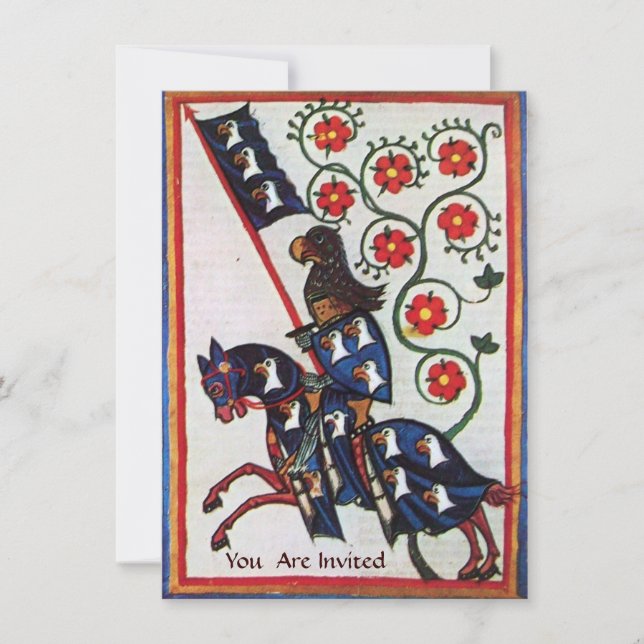 BLUE KNIGHT ON HORSEBACK MEDIEVAL PARCHMENT INVITATION (Front)