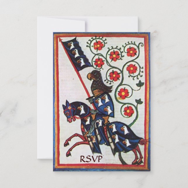BLUE KNIGHT ON HORSEBACK MEDIEVAL PARCHMENT rsvp Invitation (Front)
