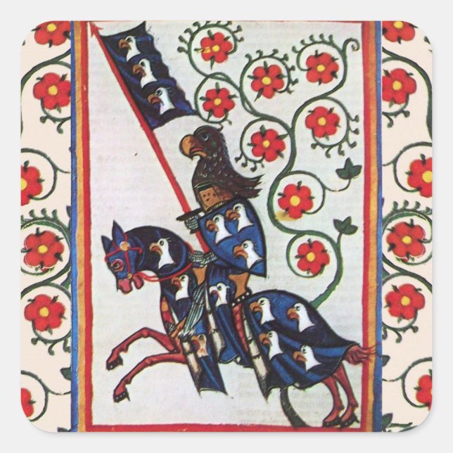 BLUE KNIGHT WITH RED ROSES MEDIEVAL MINIATURE SQUARE STICKER (Front)