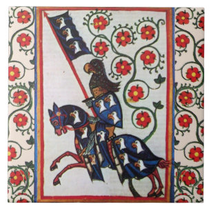 BLUE KNIGHT WITH RED ROSES MEDIEVAL MINIATURE TILE