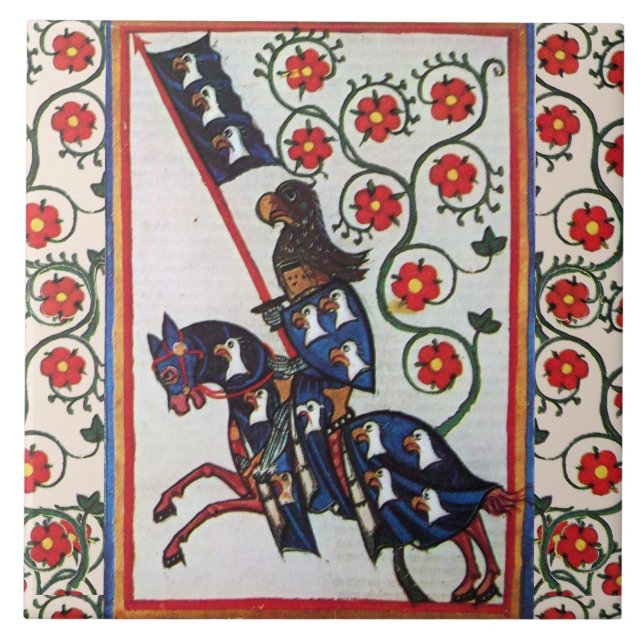 BLUE KNIGHT WITH RED ROSES MEDIEVAL MINIATURE TILE (Front)