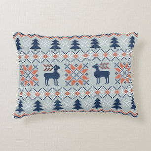 Blue Knited Christmas Sweater Reindeer Pattern  Accent Pillow