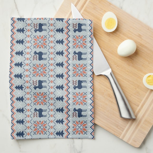Blue Knited Christmas Sweater Reindeer Pattern  Kitchen Towel (Quarter Fold)