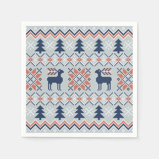 Blue Knited Christmas Sweater Reindeer Pattern  Napkin (Front)