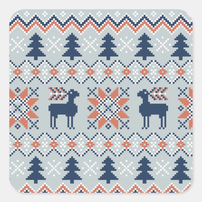 Blue Knited Christmas Sweater Reindeer Pattern  Square Sticker (Front)