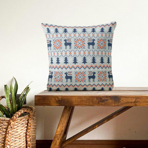 Blue Knited Christmas Sweater Reindeer Pattern Throw Pillow