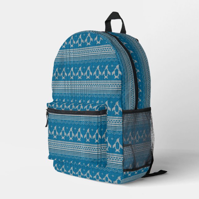 Blue Knitted Background Printed Backpack (Back Corner Right)