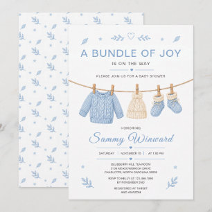 Blue Knitted Clothesline Baby Shower Invitation