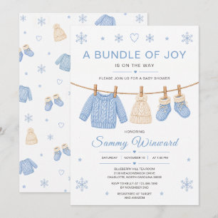 Blue Knitted Clothesline Winter Baby Shower Invitation