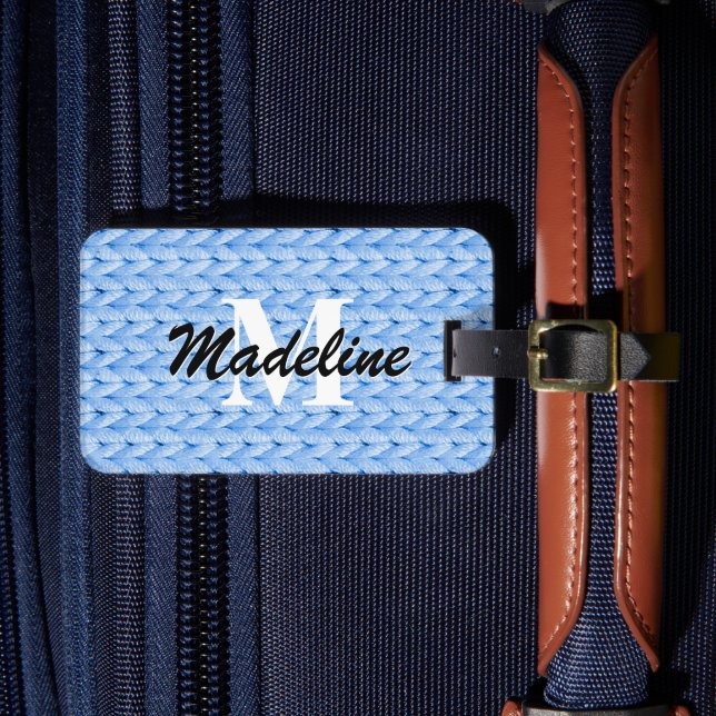 Blue Knitted Luggage Tag + Name, Monogram (Front Insitu 4)