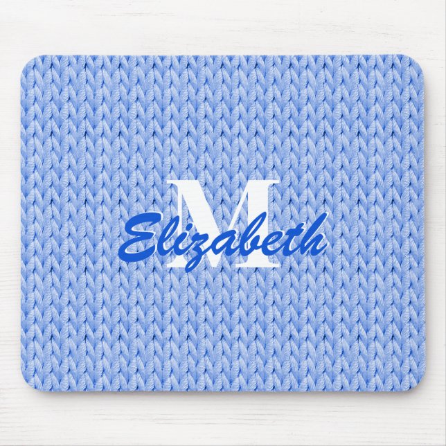 Blue Knitted Texture Mouse Pad with Monogram (Front)