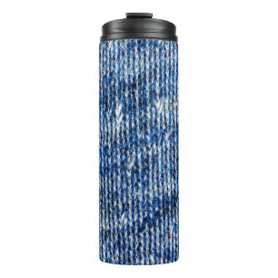 Blue knitting wool texture closeup photo backgroun thermal tumbler
