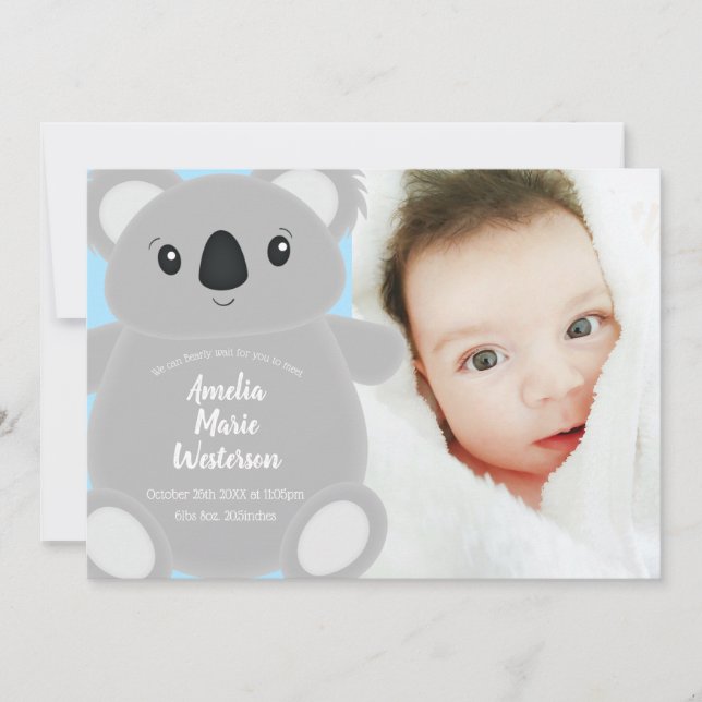 Blue Koala Bear Baby Shower Invitation (Front)