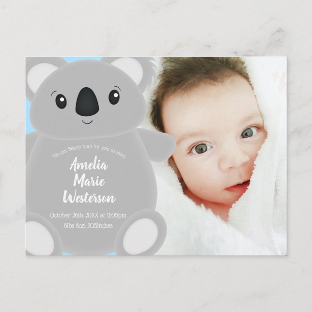 Blue Koala Bear Baby Shower Postcard (Front)