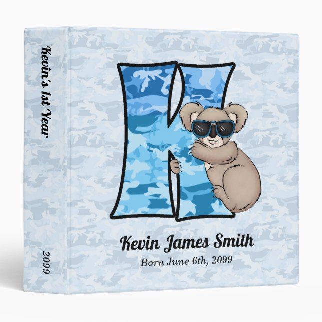 Blue Koala Monogram Letter K Baby Scrapbook Binder (Front/Spine)