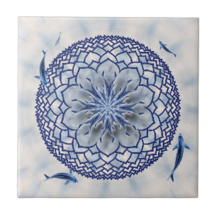 Blue Koi Lotus Mandala Ceramic Tile