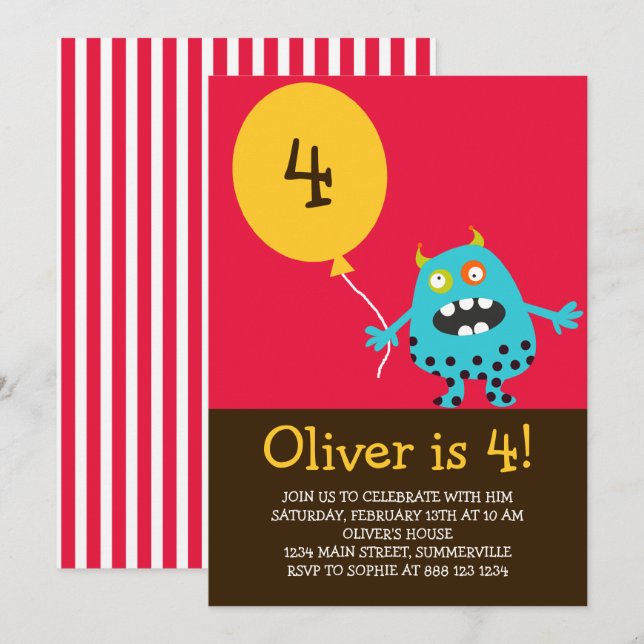Blue Kooky Monster Kids Birthday Party Invitation (Front/Back)