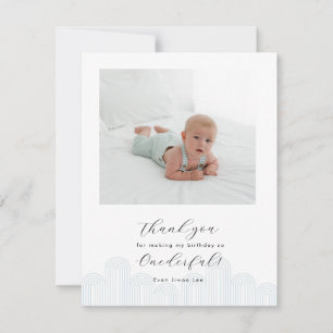 Blue Korean Dol first birthday photo thank you Card