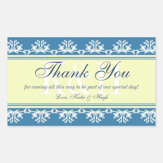 Blue lace border thank you out of town gift bag sticker (Front)