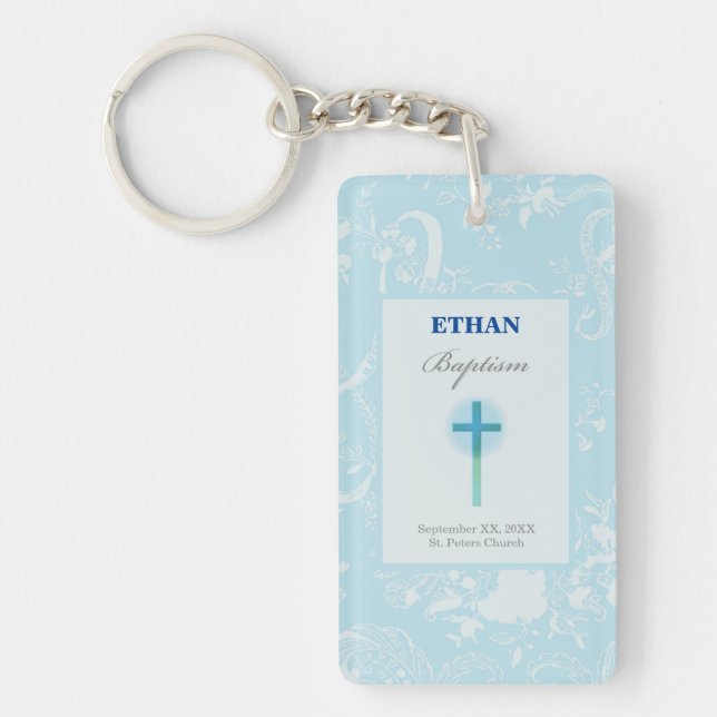 Blue Lace Boy Baptism Keychain (Front)