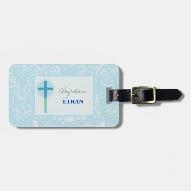 Blue Lace Boy Baptism Luggage Tag (Front Horizontal)