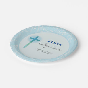 Blue Lace Boy Baptism Paper Plate