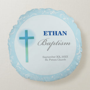 Blue Lace Boy Baptism Round Pillow