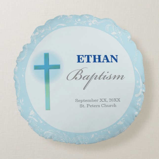 Blue Lace Boy Baptism Round Pillow (Front)