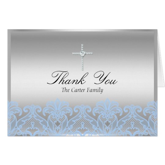 Blue Lace & Cross Baptism Thank You Card