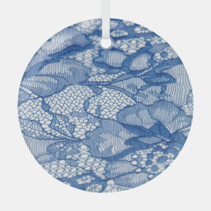 Blue lace fabric, African tulle design. Glass Ornament