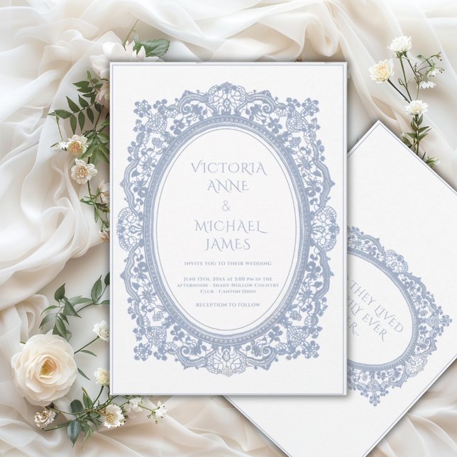 Blue Lace Frame Whimsical Vintage Wedding  Invitation (Creator Uploaded)
