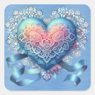 Blue Lace Ribbons  Valentine Heart Square Sticker