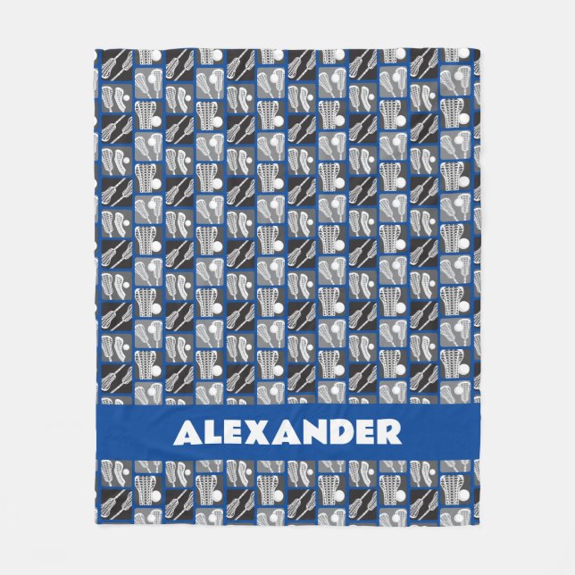 Blue Lacrosse Blocks of Sticks and Balls Fleece Blanket (Front)