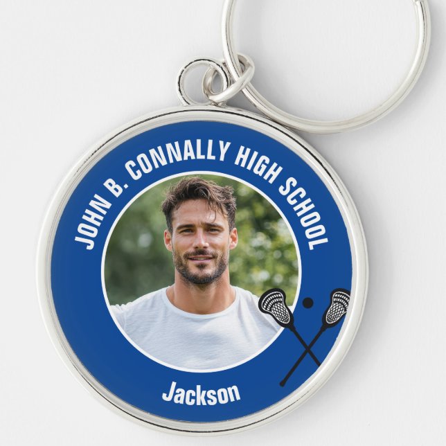 Blue Lacrosse Player Photo High School Spirit Keychain (Front)