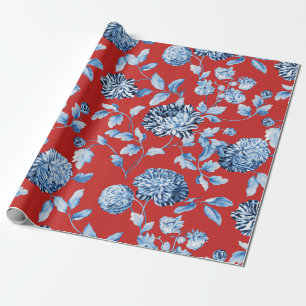 Blue Lady Christmas Red Vintage Large Floral Toile Wrapping Paper