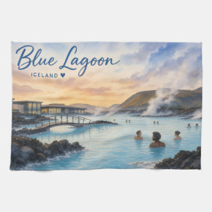 Blue Lagoon Iceland thermal bath watercolor Kitchen Towel