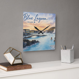 Blue Lagoon Iceland thermal bath watercolor Square Wall Clock
