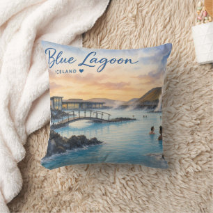 Blue Lagoon Iceland thermal bath watercolor Throw Pillow