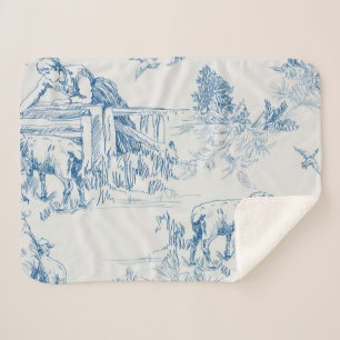 Blue Lamb Sheep Toile Sherpa Blanket