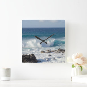 Blue Landscape Photography, Waves In Maui Square Wall Clock