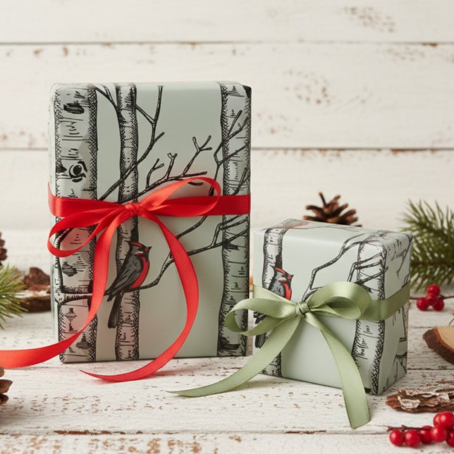Blue Large Birch Trees and Red Cardinal Birds Wrapping Paper (Sage Green Winter Christmas Red Cardinal Wrapping Paper for Nature Lover. Elegant Birch Trees, Birds)