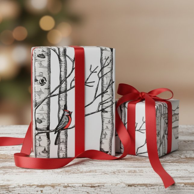 Blue Large Birch Trees and Red Cardinal Birds Wrapping Paper (Festive Gray Winter Christmas Red Cardinal Wrapping Paper. Elegant Birch Forest Trees Birds Pattern)