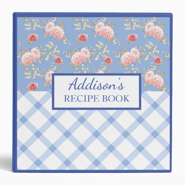 Blue Lattice and Pink Floral Pattern Recipe Binder (Front)