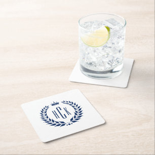 Blue Laurel Wreath Custom Monogram Square Paper Coaster