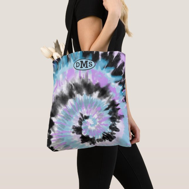 Blue Lavender Black Tie Dye Abstract Monogram Tote Bag (Close Up)