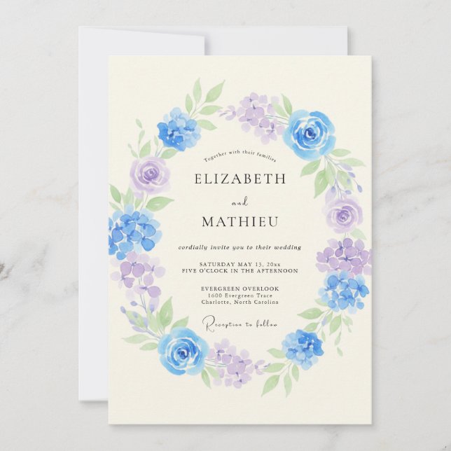 Blue Lavender Floral Wreath Wedding Invitation (Front)