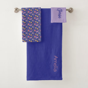 Blue lavender simple wildflower pattern name bath towel set